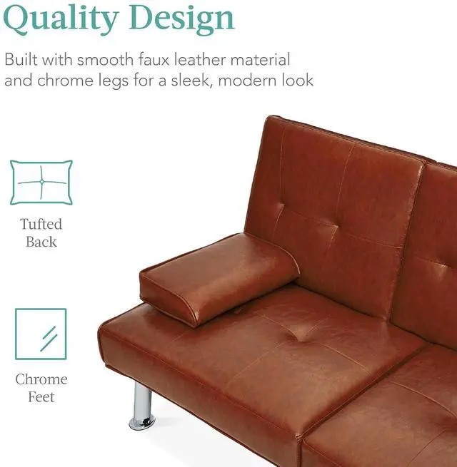 Alt view image 7 of 7 - Faux Leather Upholstered Modern Convertible Futon, Adjustable Folding Sofa Bed, Guest Bed w/Removable Armrests - Medium Brown