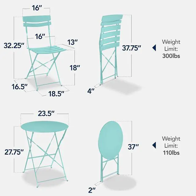 Alt view image 2 of 7 - 3-Piece Bistro Set, Space Saving Folding Design, Solid Steel, Outdoor Patio Furniture Set w/ 2 Chairs, Bistro Table - Aqua Blue