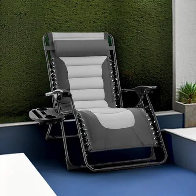 Alt view image 2 of 7 - Oversized Padded Zero Gravity Chair, Folding Outdoor Patio Recliner, XL Anti Gravity Lounger for Backyard w/Headrest, Cup Holder, Side Tray, Polyester Mesh - Gray/Light Gray