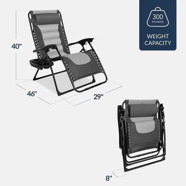 Alt view image 3 of 7 - Oversized Padded Zero Gravity Chair, Folding Outdoor Patio Recliner, XL Anti Gravity Lounger for Backyard w/Headrest, Cup Holder, Side Tray, Polyester Mesh - Gray/Light Gray