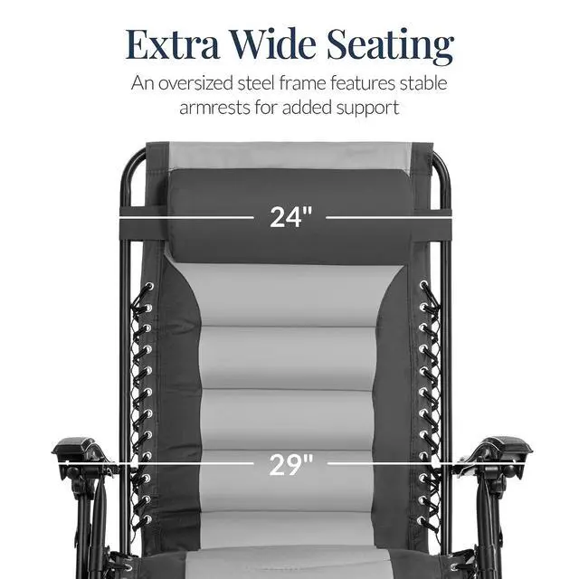 Alt view image 4 of 7 - Oversized Padded Zero Gravity Chair, Folding Outdoor Patio Recliner, XL Anti Gravity Lounger for Backyard w/Headrest, Cup Holder, Side Tray, Polyester Mesh - Gray/Light Gray
