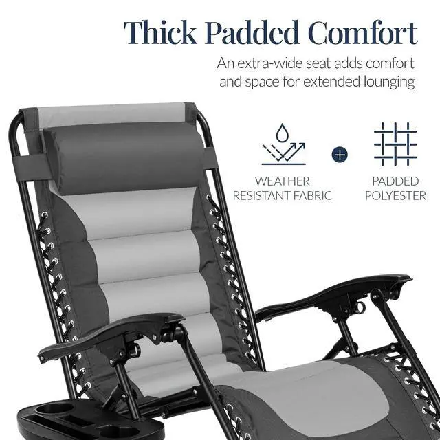Alt view image 5 of 7 - Oversized Padded Zero Gravity Chair, Folding Outdoor Patio Recliner, XL Anti Gravity Lounger for Backyard w/Headrest, Cup Holder, Side Tray, Polyester Mesh - Gray/Light Gray