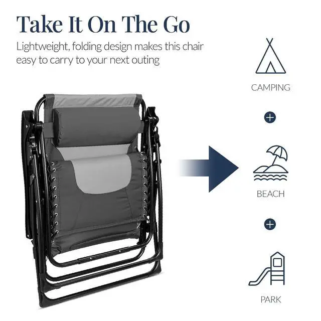 Alt view image 6 of 7 - Oversized Padded Zero Gravity Chair, Folding Outdoor Patio Recliner, XL Anti Gravity Lounger for Backyard w/Headrest, Cup Holder, Side Tray, Polyester Mesh - Gray/Light Gray