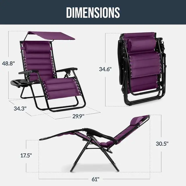 Alt view image 2 of 7 - Oversized Padded Zero Gravity Chair w/Canopy Headrest Cup Holder Side Tray, Folding Outdoor Patio Recliner Lounger - Amethyst Purple