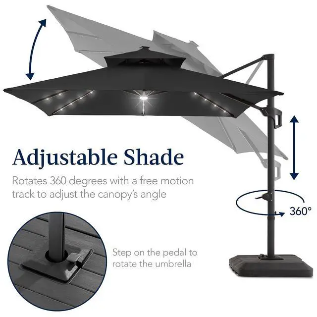 Alt view image 5 of 7 - 12x12ft LED Cantilever Patio Umbrella w/Base Included & 360° Rotation, Large Solar Offset Hanging Outdoor Sun Shade for Deck, Backyard Table w/Stand & Lights Gray