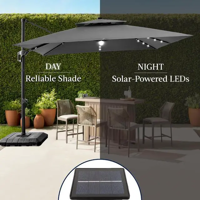 Alt view image 6 of 7 - 12x12ft LED Cantilever Patio Umbrella w/Base Included & 360° Rotation, Large Solar Offset Hanging Outdoor Sun Shade for Deck, Backyard Table w/Stand & Lights Gray