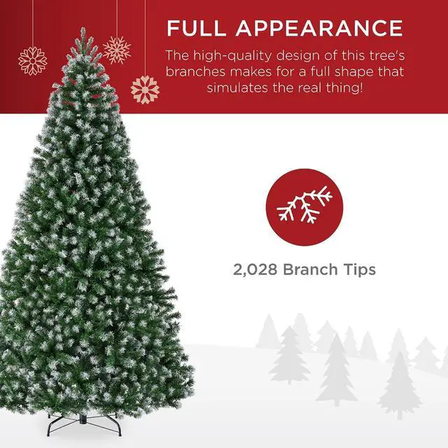 Alt view image 4 of 7 - Artificial Frosted Christmas Tree, 9ft Premium Unlit Realistic Spruce Holiday Décor w/Dense Branches, Metal Base - Green Spruce