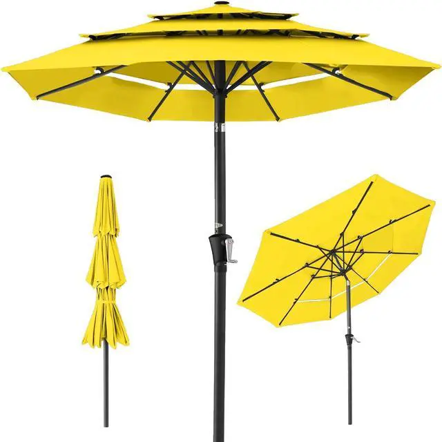 Main image of 10ft 3-Tier Market Patio Umbrella, Outdoor Sun Shade with Tilt, Crank Lift, 8 Ribs for Backyard, Deck, Poolside Yellow