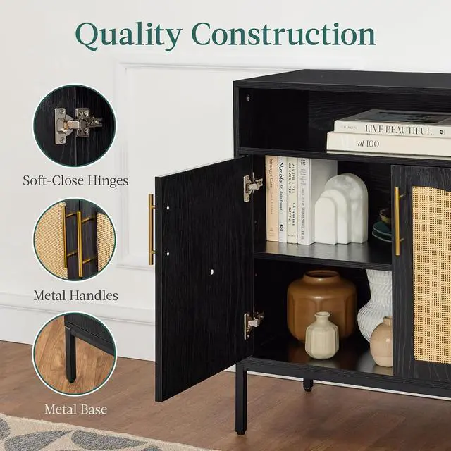 Alt view image 7 of 7 - Rattan Sideboard Buffet Cabinet, Entryway Table, Accent Storage Cabinet, Console Table for Hallway, Living Room, Dining Room - Black