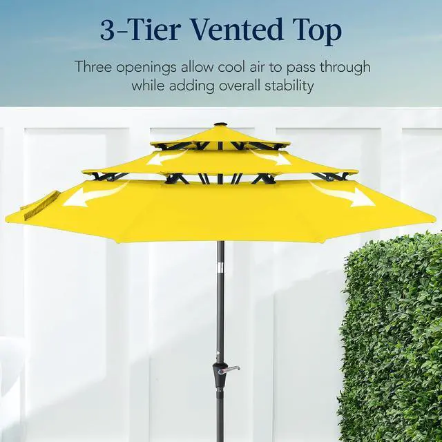 Alt view image 3 of 7 - 10ft 3-Tier Market Patio Umbrella, Outdoor Sun Shade with Tilt, Crank Lift, 8 Ribs for Backyard, Deck, Poolside Yellow