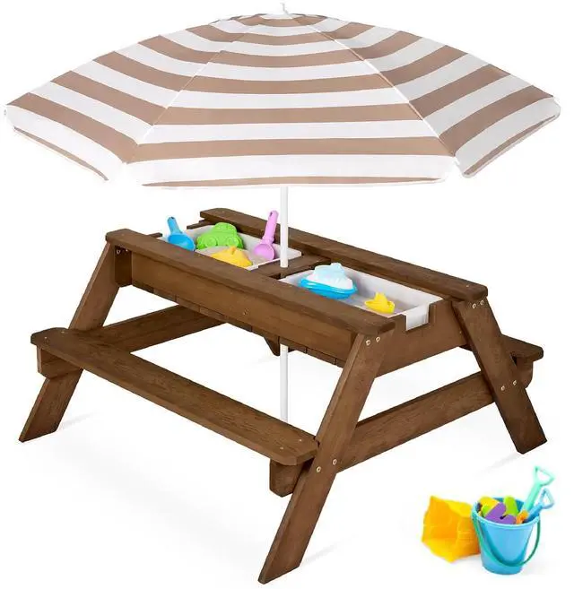 Main image of Kids Picnic Table with Umbrella, 3-in-1 Sand & Water Table, Outdoor Convertible Picnic Table for Toddlers, Seats 4, Removable Top, 2 Buckets - Beige