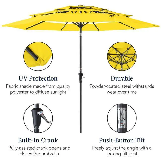 Alt view image 6 of 7 - 10ft 3-Tier Market Patio Umbrella, Outdoor Sun Shade with Tilt, Crank Lift, 8 Ribs for Backyard, Deck, Poolside Yellow