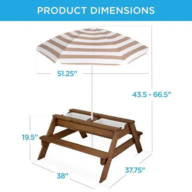 Alt view image 3 of 7 - Kids Picnic Table with Umbrella, 3-in-1 Sand & Water Table, Outdoor Convertible Picnic Table for Toddlers, Seats 4, Removable Top, 2 Buckets - Beige