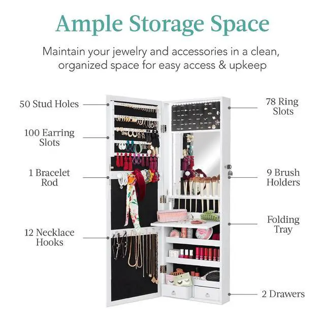 Alt view image 4 of 7 - LED Mirror Jewelry Cabinet, Tall Lockable Wall or Door Mounted Jewelry Armoire Organizer with Mirror, 2 Drawers, Lock, Cosmetic Tray, Shelves - White