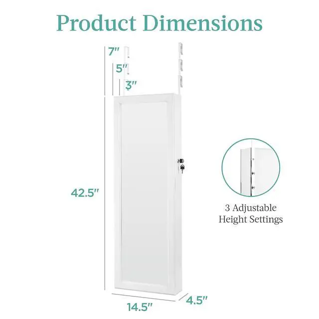 Alt view image 7 of 7 - LED Mirror Jewelry Cabinet, Tall Lockable Wall or Door Mounted Jewelry Armoire Organizer with Mirror, 2 Drawers, Lock, Cosmetic Tray, Shelves - White