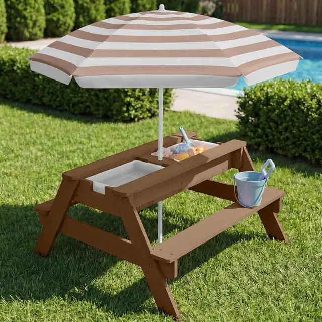 Alt view image 2 of 7 - Kids Picnic Table with Umbrella, 3-in-1 Sand & Water Table, Outdoor Convertible Picnic Table for Toddlers, Seats 4, Removable Top, 2 Buckets - Beige