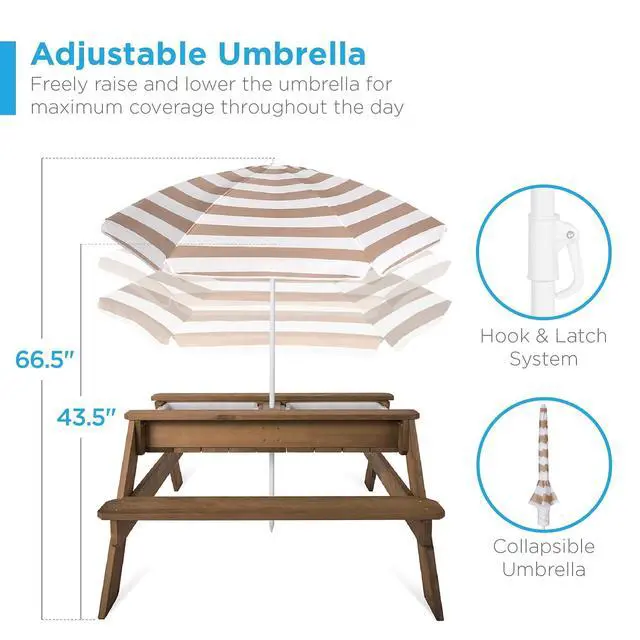 Alt view image 6 of 7 - Kids Picnic Table with Umbrella, 3-in-1 Sand & Water Table, Outdoor Convertible Picnic Table for Toddlers, Seats 4, Removable Top, 2 Buckets - Beige