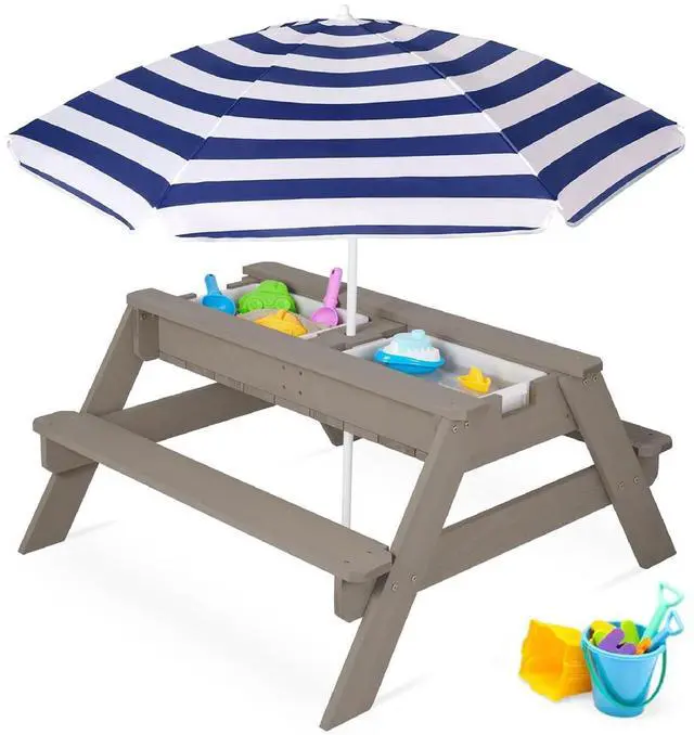 Main image of Kids Picnic Table with Umbrella, 3-in-1 Sand & Water Table, Outdoor Convertible Picnic Table for Toddlers, Seats 4, Removable Top, 2 Buckets - Gray