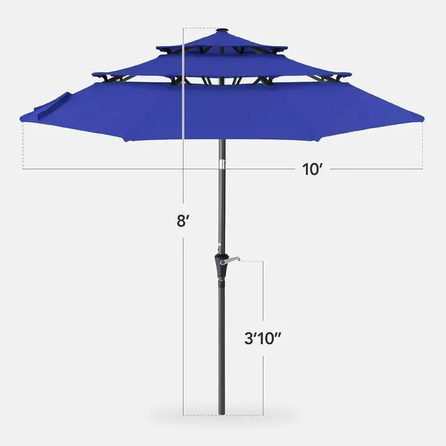 Alt view image 2 of 7 - 10ft 3-Tier Market Patio Umbrella, Outdoor Sun Shade with Tilt, Crank Lift, 8 Ribs for Backyard, Deck, Poolside Resort Blue