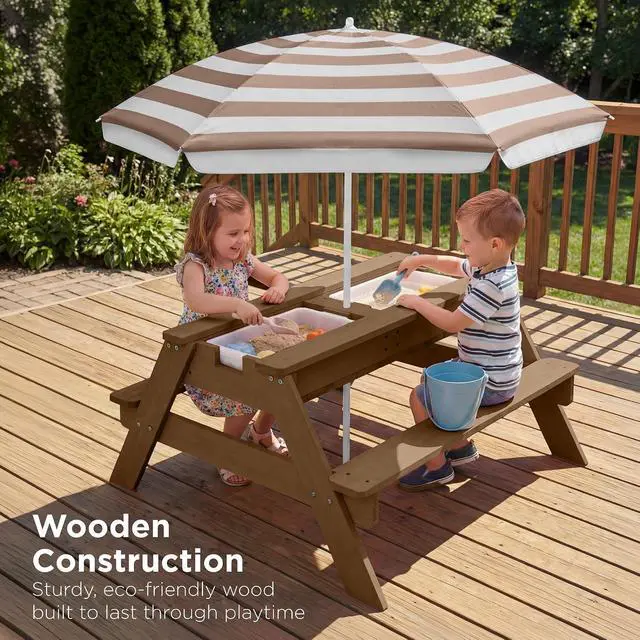Alt view image 5 of 7 - Kids Picnic Table with Umbrella, 3-in-1 Sand & Water Table, Outdoor Convertible Picnic Table for Toddlers, Seats 4, Removable Top, 2 Buckets - Beige