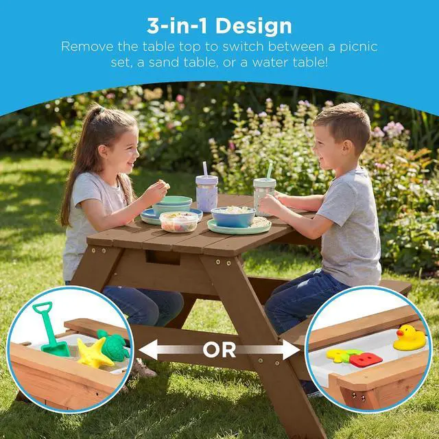 Alt view image 4 of 7 - Kids Picnic Table with Umbrella, 3-in-1 Sand & Water Table, Outdoor Convertible Picnic Table for Toddlers, Seats 4, Removable Top, 2 Buckets - Beige