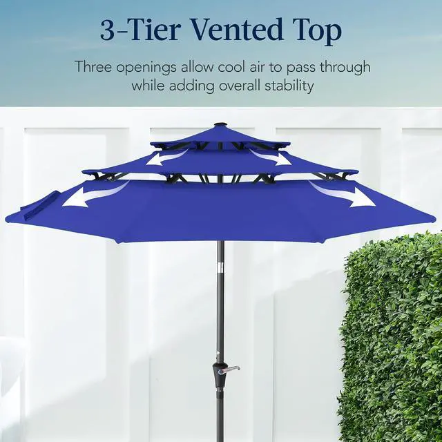 Alt view image 3 of 7 - 10ft 3-Tier Market Patio Umbrella, Outdoor Sun Shade with Tilt, Crank Lift, 8 Ribs for Backyard, Deck, Poolside Resort Blue