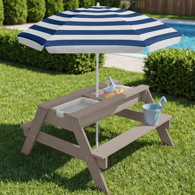 Alt view image 2 of 7 - Kids Picnic Table with Umbrella, 3-in-1 Sand & Water Table, Outdoor Convertible Picnic Table for Toddlers, Seats 4, Removable Top, 2 Buckets - Gray