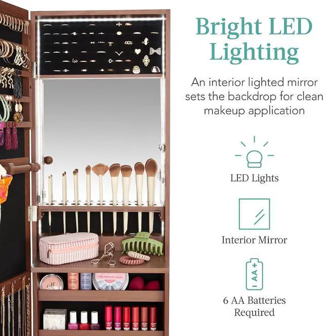 Alt view image 3 of 7 - LED Mirror Jewelry Cabinet, Tall Lockable Wall or Door Mounted Jewelry Armoire Organizer with Mirror, 2 Drawers, Lock, Cosmetic Tray, Shelves - Walnut