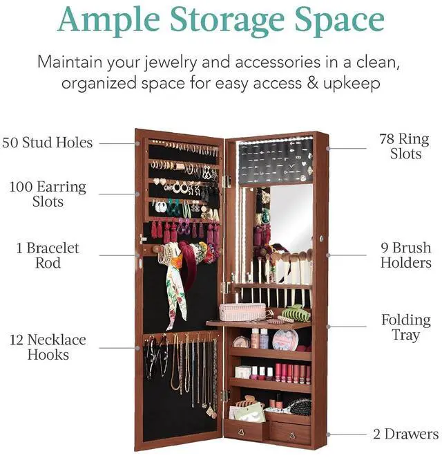 Alt view image 4 of 7 - LED Mirror Jewelry Cabinet, Tall Lockable Wall or Door Mounted Jewelry Armoire Organizer with Mirror, 2 Drawers, Lock, Cosmetic Tray, Shelves - Walnut