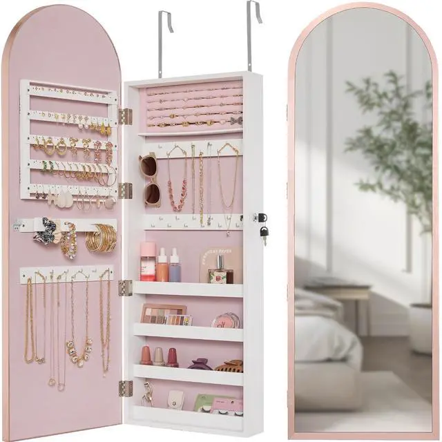 Main image of Arch Mirror Jewelry Cabinet, Jewelry Storage Organizer, Armoire, Lockable Wall or Door Mountable, Full-Length Mirror - Rose Gold