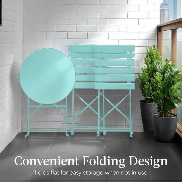 Alt view image 5 of 7 - 3-Piece Bistro Set, Space Saving Folding Design, Solid Steel, Outdoor Patio Furniture Set w/ 2 Chairs, Bistro Table - Aqua Blue