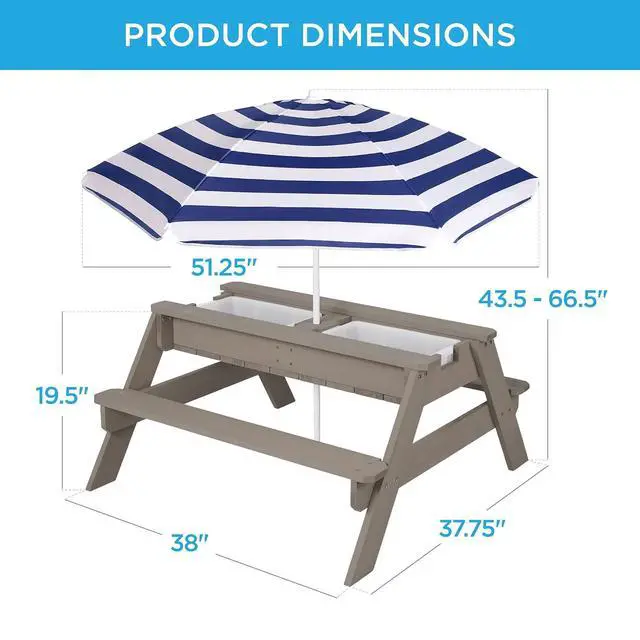 Alt view image 3 of 7 - Kids Picnic Table with Umbrella, 3-in-1 Sand & Water Table, Outdoor Convertible Picnic Table for Toddlers, Seats 4, Removable Top, 2 Buckets - Gray