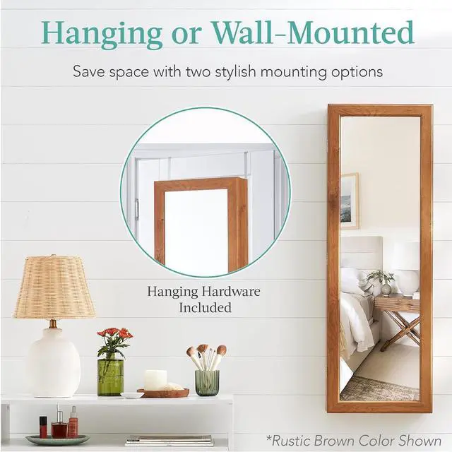 Alt view image 2 of 7 - LED Mirror Jewelry Cabinet, Tall Lockable Wall or Door Mounted Jewelry Armoire Organizer with Mirror, 2 Drawers, Lock, Cosmetic Tray, Shelves - Walnut