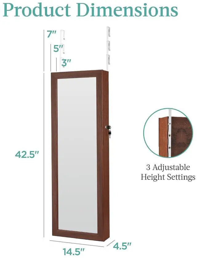 Alt view image 7 of 7 - LED Mirror Jewelry Cabinet, Tall Lockable Wall or Door Mounted Jewelry Armoire Organizer with Mirror, 2 Drawers, Lock, Cosmetic Tray, Shelves - Walnut