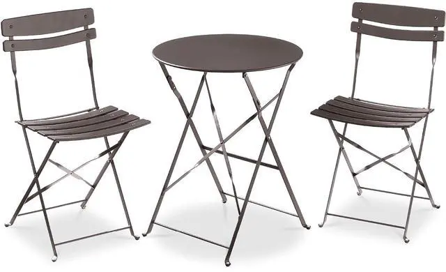 Main image of 3-Piece Bistro Set, Space Saving Folding Design, Solid Steel, Outdoor Patio Furniture Set w/ 2 Chairs, Bistro Table - Taupe