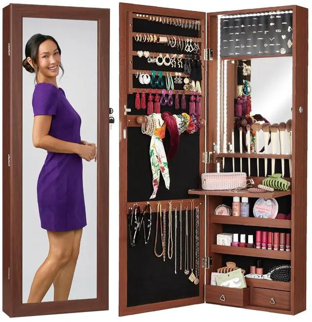 Main image of LED Mirror Jewelry Cabinet, Tall Lockable Wall or Door Mounted Jewelry Armoire Organizer with Mirror, 2 Drawers, Lock, Cosmetic Tray, Shelves - Walnut