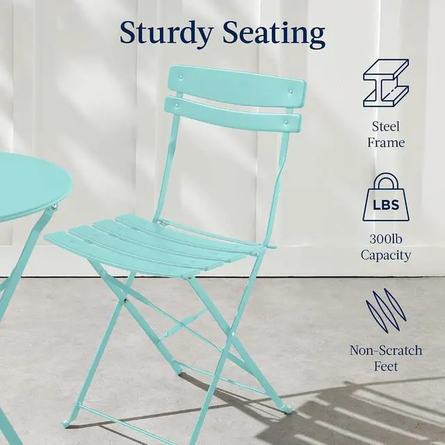 Alt view image 7 of 7 - 3-Piece Bistro Set, Space Saving Folding Design, Solid Steel, Outdoor Patio Furniture Set w/ 2 Chairs, Bistro Table - Aqua Blue