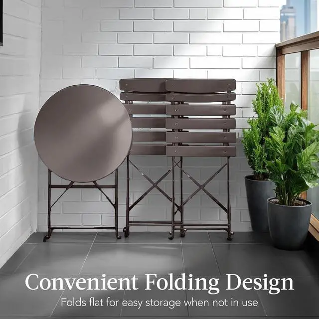 Alt view image 5 of 7 - 3-Piece Bistro Set, Space Saving Folding Design, Solid Steel, Outdoor Patio Furniture Set w/ 2 Chairs, Bistro Table - Taupe