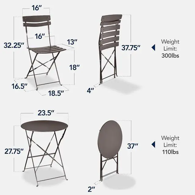 Alt view image 2 of 7 - 3-Piece Bistro Set, Space Saving Folding Design, Solid Steel, Outdoor Patio Furniture Set w/ 2 Chairs, Bistro Table - Taupe