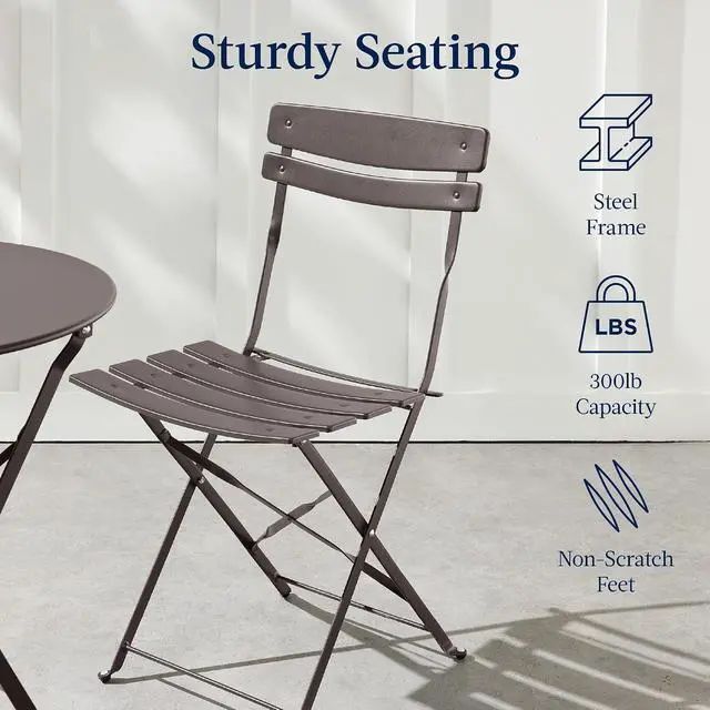 Alt view image 7 of 7 - 3-Piece Bistro Set, Space Saving Folding Design, Solid Steel, Outdoor Patio Furniture Set w/ 2 Chairs, Bistro Table - Taupe