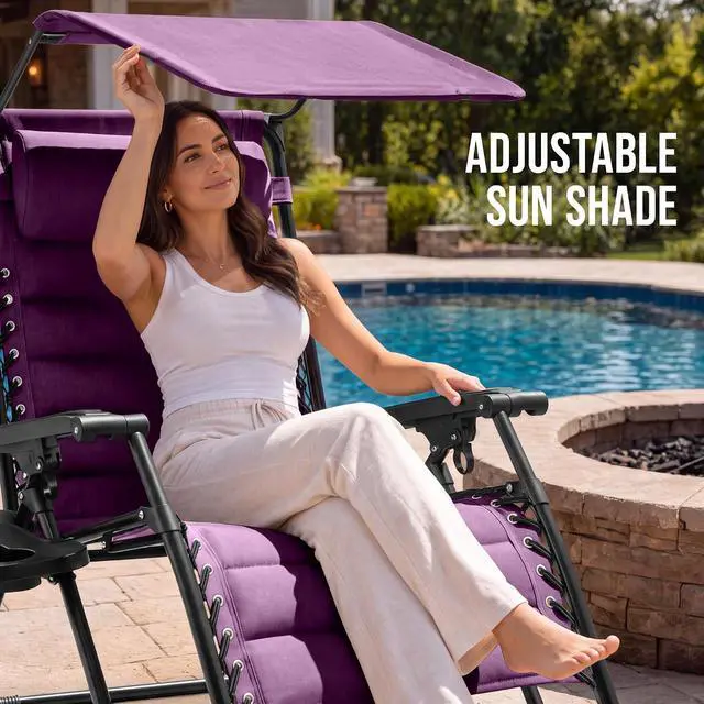 Alt view image 4 of 7 - Oversized Padded Zero Gravity Chair w/Canopy Headrest Cup Holder Side Tray, Folding Outdoor Patio Recliner Lounger - Amethyst Purple