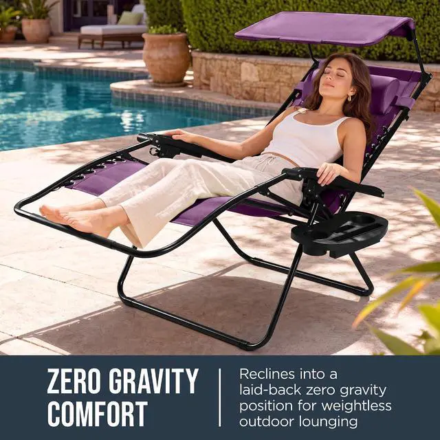 Alt view image 3 of 7 - Oversized Padded Zero Gravity Chair w/Canopy Headrest Cup Holder Side Tray, Folding Outdoor Patio Recliner Lounger - Amethyst Purple