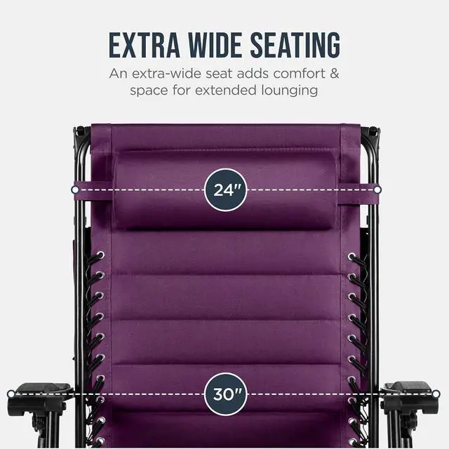 Alt view image 5 of 7 - Oversized Padded Zero Gravity Chair w/Canopy Headrest Cup Holder Side Tray, Folding Outdoor Patio Recliner Lounger - Amethyst Purple