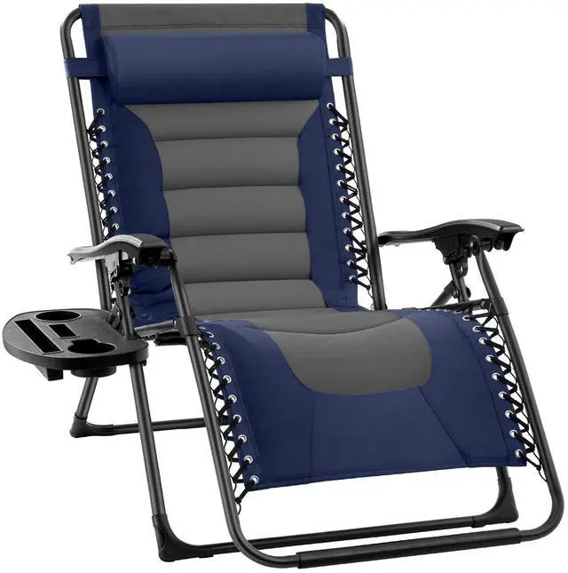 Main image of Oversized Padded Zero Gravity Chair, Folding Outdoor Patio Recliner, XL Anti Gravity Lounger for Backyard w/Headrest, Cup Holder, Side Tray, Polyester Mesh - Navy/Gray