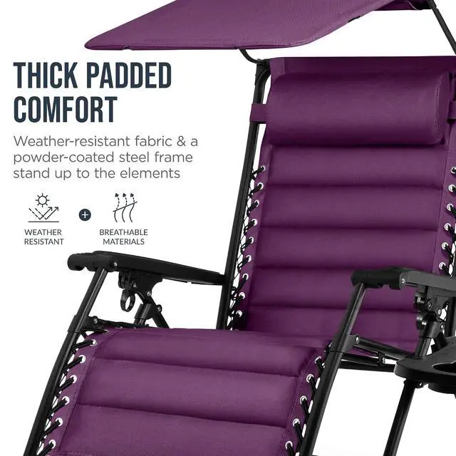 Alt view image 6 of 7 - Oversized Padded Zero Gravity Chair w/Canopy Headrest Cup Holder Side Tray, Folding Outdoor Patio Recliner Lounger - Amethyst Purple