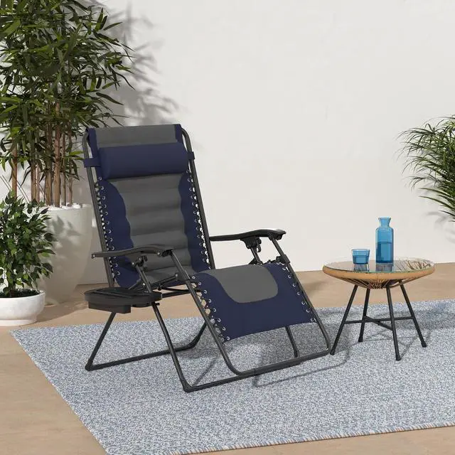 Alt view image 2 of 7 - Oversized Padded Zero Gravity Chair, Folding Outdoor Patio Recliner, XL Anti Gravity Lounger for Backyard w/Headrest, Cup Holder, Side Tray, Polyester Mesh - Navy/Gray