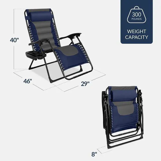 Alt view image 3 of 7 - Oversized Padded Zero Gravity Chair, Folding Outdoor Patio Recliner, XL Anti Gravity Lounger for Backyard w/Headrest, Cup Holder, Side Tray, Polyester Mesh - Navy/Gray