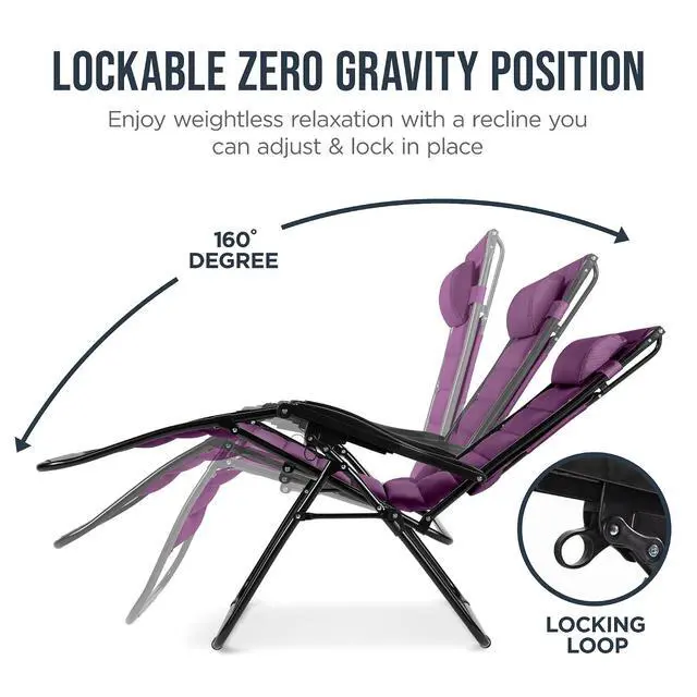 Alt view image 7 of 7 - Oversized Padded Zero Gravity Chair w/Canopy Headrest Cup Holder Side Tray, Folding Outdoor Patio Recliner Lounger - Amethyst Purple