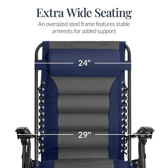 Alt view image 4 of 7 - Oversized Padded Zero Gravity Chair, Folding Outdoor Patio Recliner, XL Anti Gravity Lounger for Backyard w/Headrest, Cup Holder, Side Tray, Polyester Mesh - Navy/Gray