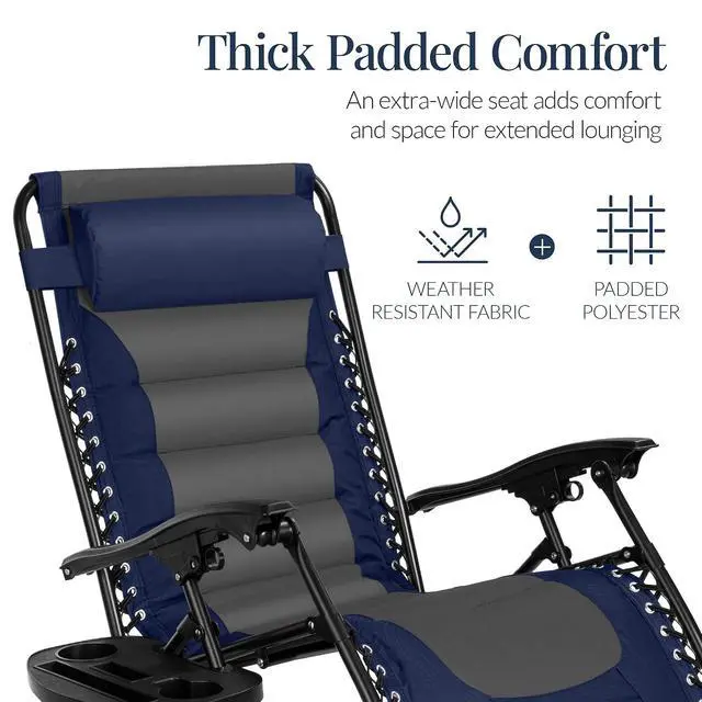 Alt view image 5 of 7 - Oversized Padded Zero Gravity Chair, Folding Outdoor Patio Recliner, XL Anti Gravity Lounger for Backyard w/Headrest, Cup Holder, Side Tray, Polyester Mesh - Navy/Gray
